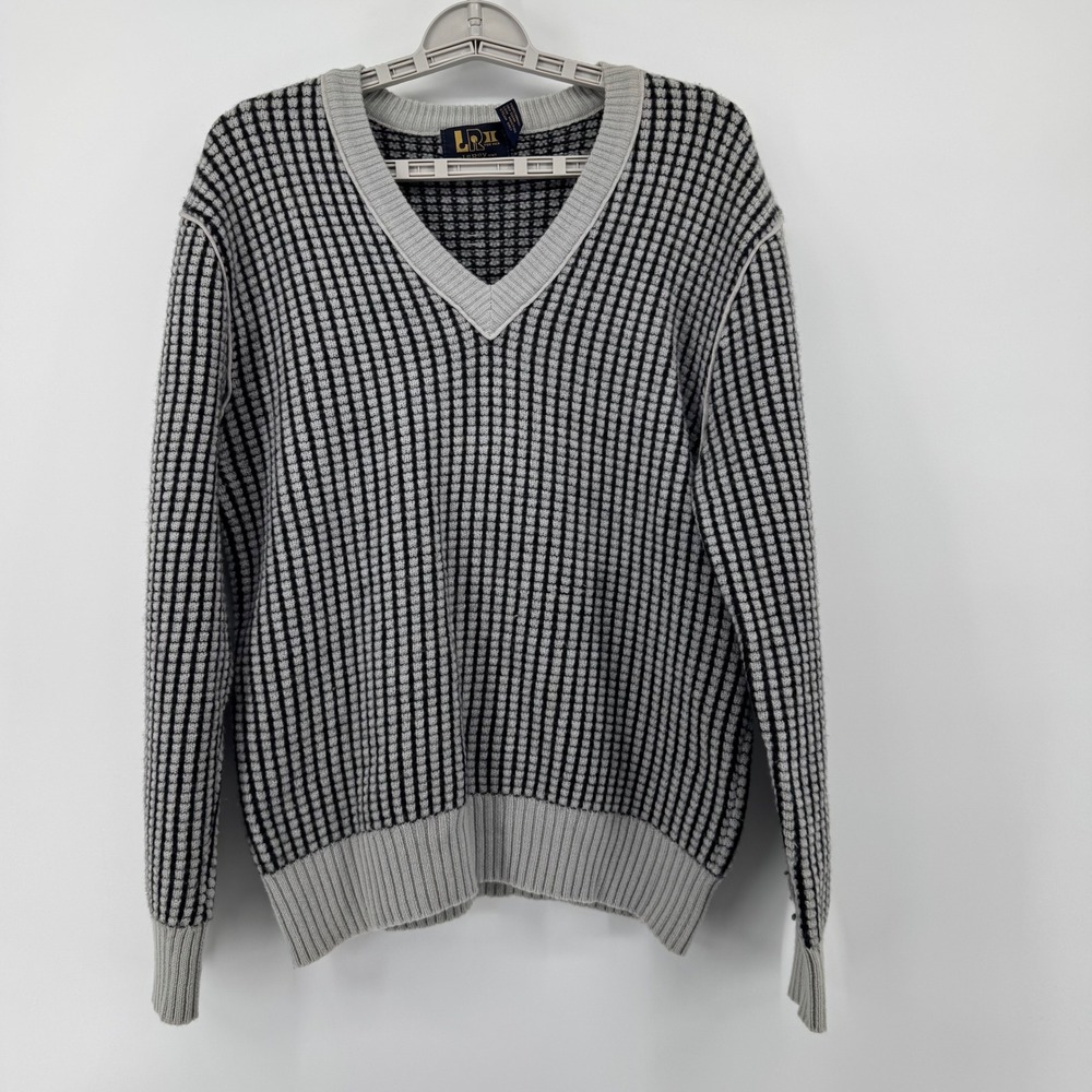 Le Roy Knit Men's XL Wool V-Neck Sweater Black Gray Patterned Long Sleeve - Picture 2 of 7